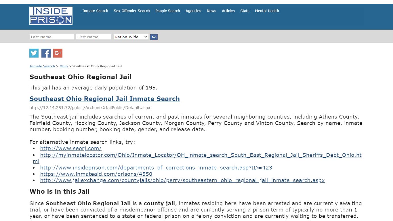 Southeast Ohio Regional Jail - Ohio - Inmate Search